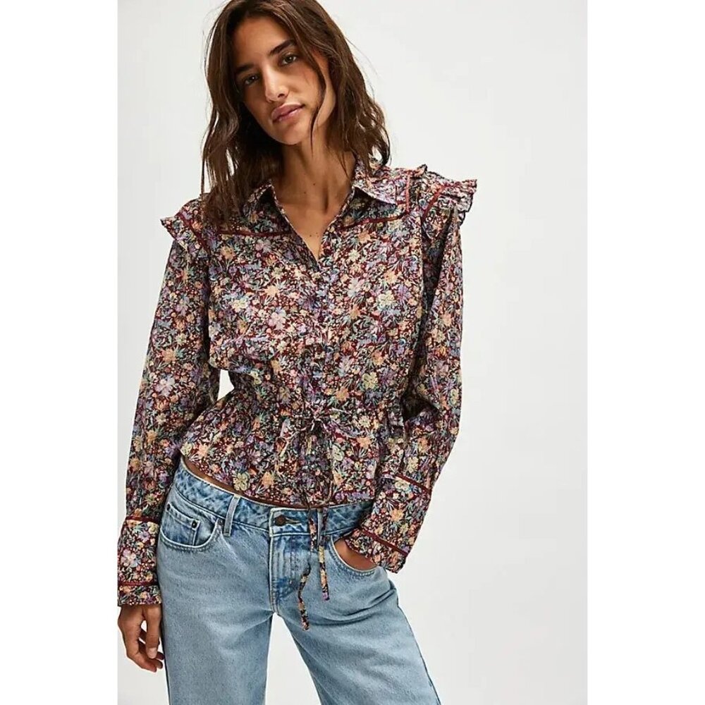 Free People Daybreak Printed Blouse Womens Size XS Retro Hippie Boho Floral Top